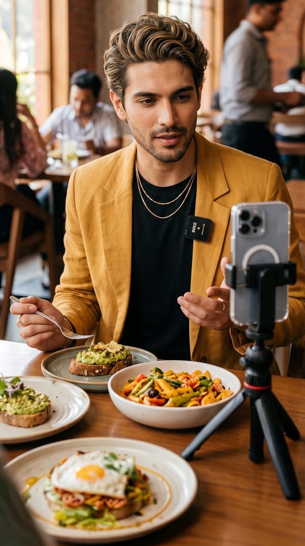 Food vlogger reviewing dishes at a cafe
