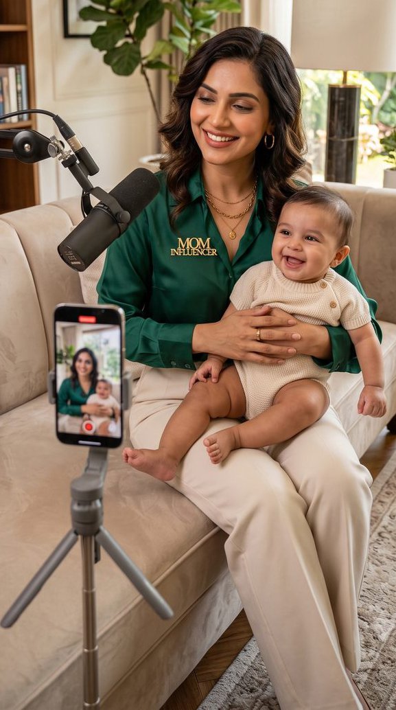 Parenting influencer recording a podcast at home